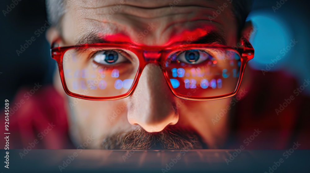 Poster a man wearing red glasses intensely focused on a computer screen with digital reflections visible in