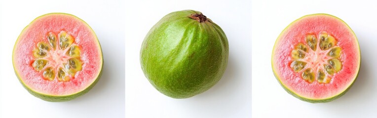 guava fruit, one whole and two cut in half with the seeds visible on a white background.