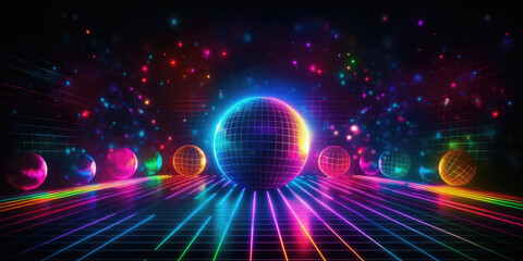 Obraz premium Vibrant Neon Dance Floor and Disco Ball in a Futuristic 80s Nightclub Full of Dynamic Colors and Reflections. Night Party Background