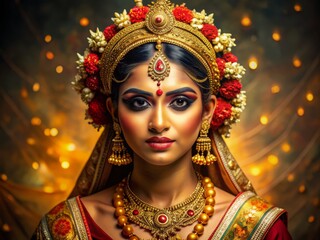 Vibrant portrait of a beautiful young Indian woman dressed in traditional saree, gold jewelry, and bangles, embodying the divine spirit of Goddess Durga.
