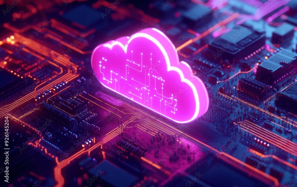 Poster 3d render of glowing cloud on circuit board with data transfer concept, futuristic illustration of b