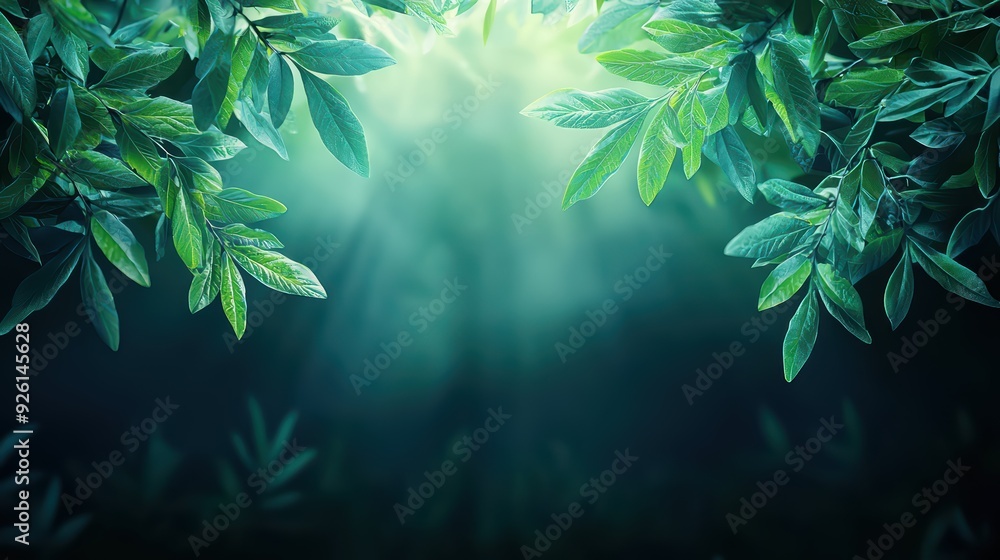 Poster a serene forest scene with soft light filtering through lush green leaves, creating a peaceful and t