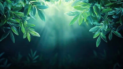 A serene forest scene with soft light filtering through lush green leaves, creating a peaceful and tranquil atmosphere.