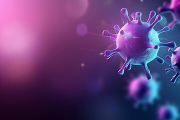 Obraz premium Abstract background with purple and blue virus cells in space, medical concept