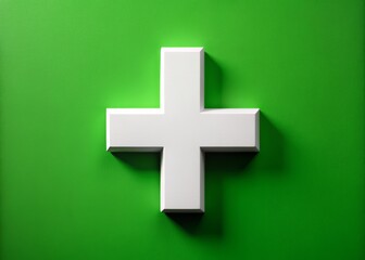 Obraz premium Close-up of a white cross on a green background, symbolizing pharmacy and healthcare services in Greek language, with bold font and crisp lines.