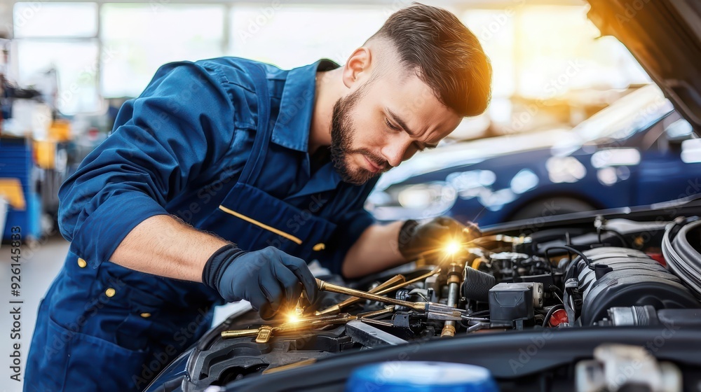 Poster a skilled mechanic works intently on a car engine, using tools to ensure optimal performance and qua