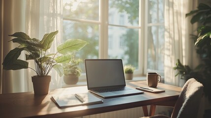 Fototapeta premium A minimalist home office setup featuring a sleek desk, a modern laptop, and a potted plant. The natural light from a large window brightens the space, creating a calming work environment. A cozy