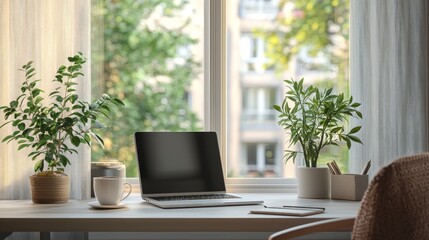 A minimalist home office setup featuring a sleek desk, a modern laptop, and a potted plant. The natural light from a large window brightens the space, creating a calming work environment. A cozy