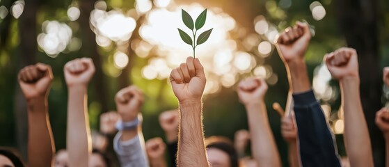 A united crowd raises fists with a green leaf symbolizing hope and commitment to environmental activism and sustainability.