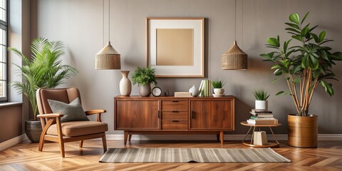 Elegant living room interior features a brown mock-up poster frame, wooden commode, book, vases, and stylish decor, perfect for showcasing personal accessories.