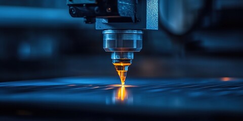 Close-Up of Small Desktop Laser Cutter Slicing Through Thin Metal Sheet in Dark Industrial Setting,industrial, manufacturing, and technological themes.