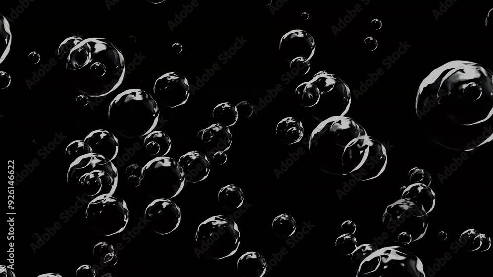 Poster bubbles floating and shimmering against a dark background in various sizes