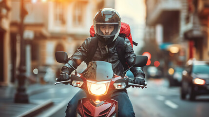 A food delivery courier wearing a helmet and uniform, riding a motor scooter, carrying a thermal backpack to deliver meals quickly and efficiently in an urban setting
