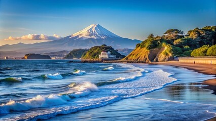 Obraz premium Serene landscape of Enoshima island with majestic Mount Fuji looming in the distant horizon, surrounded by soft blue skies and gentle ocean waves.