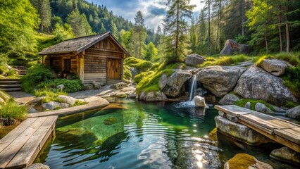 Invigorating moment after sauna, plunging into natural pool with limestone water purification, surrounded by rustic cabin and lush greenery, refreshing and rejuvenating experience.