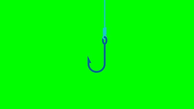 Fishing hook. A blue fisherman's hook on a blue fishing line descends from above and moves to the sides. Phishing on the Internet. Metal fishing hook on a line. 2d flat animation. Alpha channel