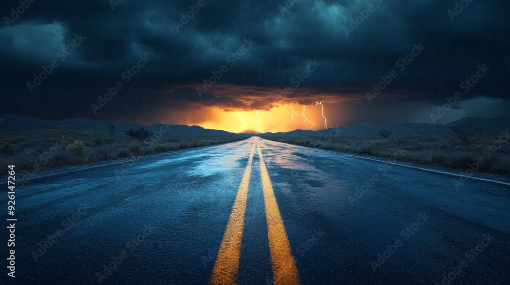 Poster a desolate highway stretches into a vibrant sunset, surrounded by dark storm clouds and illuminated 