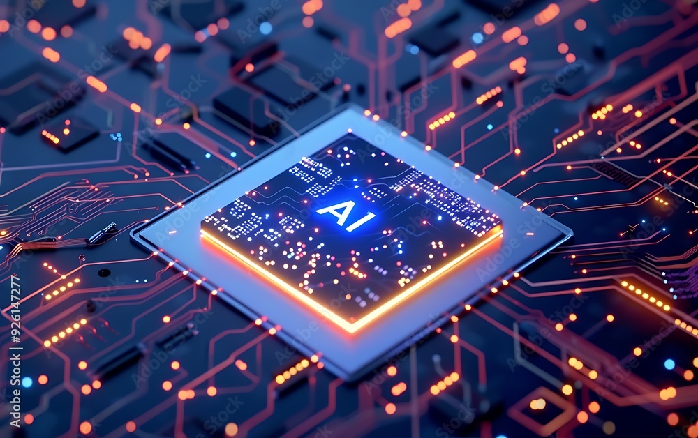 Poster close-up of a circuit board with the letters ai glowing in the center.