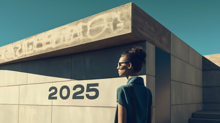 Woman in Sunglasses Standing by Modern Building with "2025" Sign in Daylight