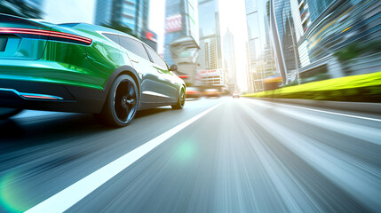 A green car is driving down a road with a city skyline in the background. The car is moving quickly, and the cityscape is blurred, giving the impression of speed and motion