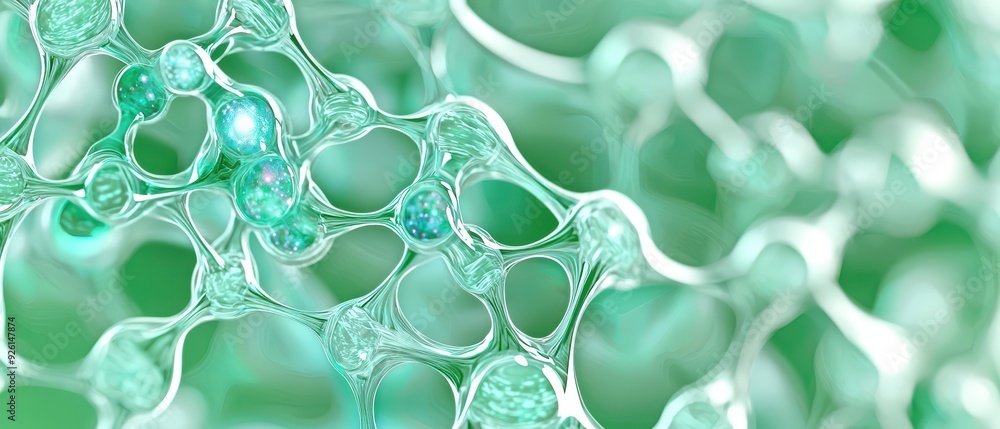 Poster abstract representation of molecular structures with green hues, emphasizing beauty and complexity o