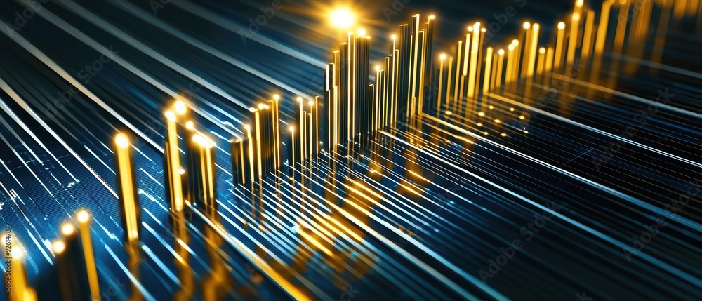 Poster abstract visualization of data growth with golden peaks and dynamic lines in blue tones, representin