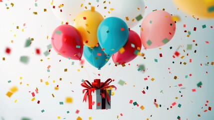 Colorful Balloons and Gift Box with Confetti for Celebration and Festive Event Prize