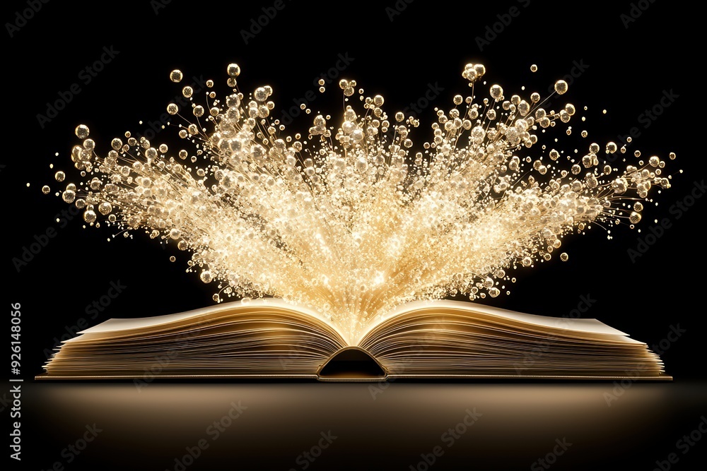 Aufkleber an open book with sparkling golden particles bursting from its pages, symbolizing knowledge and imag
