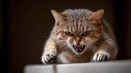 Fototapeta premium An angry cat hissing with claws extended, illustrating defensive behavior.