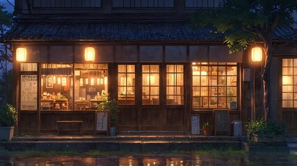 Fototapeta premium Cozy Ramen Shop on a Quiet Street at Night with City Vibe