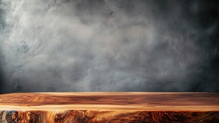 Rustic Wooden Shelf Against Concrete Wall: A rustic wooden shelf, handcrafted from natural wood, sits prominently against a textured concrete wall.