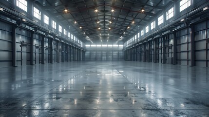 Spacious Industrial Building Interior with Concrete Floor and Bright Lighting