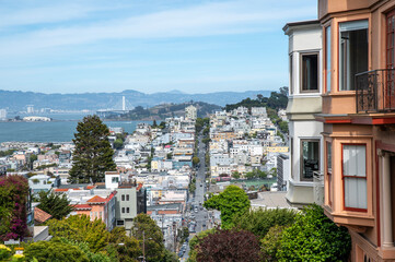 San Francisco street view from Telegraph hills with sea in background