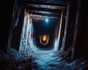 Fototapeta premium Abandoned mine shaft tunnel with collapsed beams, eerie wind sounds, and a ghostly miners lantern, Halloween tunnel, haunted mine passage