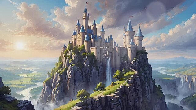Seamless looping 4k time-lapse animation of a majestic castle with blue spires atop a cliff, bathed in golden sunlight and surrounded by lush valleys. Fantasy kingdom concept.