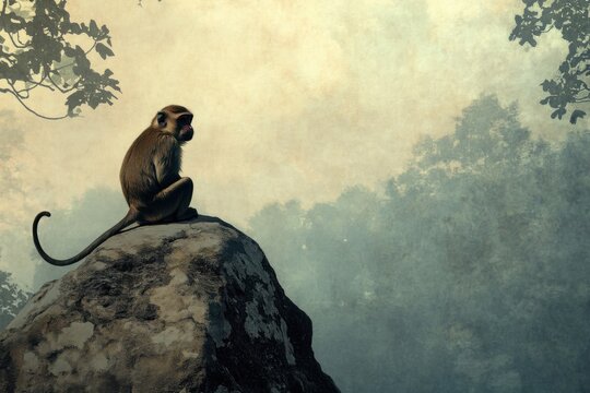 Artistic depiction of a monkey perched on a rock in a serene forest at dusk - Powered by Adobe