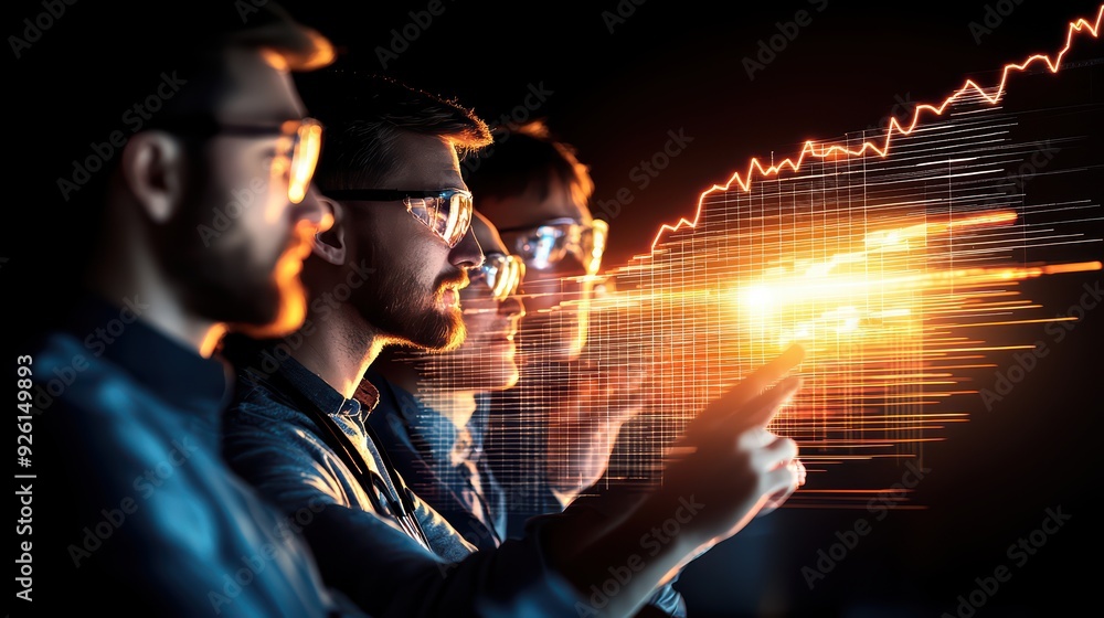 Poster focused professionals analyzing data trends with digital graphics in a modern office environment.