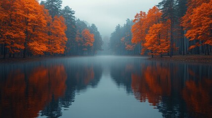Golden autumn leaves reflect beautifully on the still waters, creating a peaceful atmosphere in the early morning mist