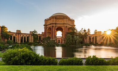 Sunset time view with sun rays at Palace of Fine Art in San Francisco California, USA