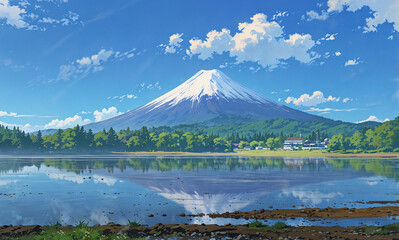 Create anime-style illustration (Landscape) Mt. Fuji Natural light 