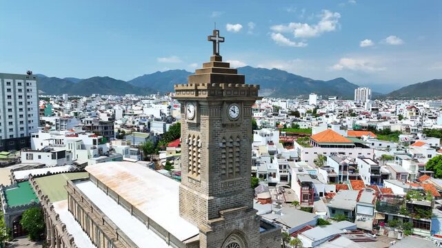 Aerial view of Stone cathedral in Nha Trang city, Vietnam. The oldest church built by the French in the 19th century. Gothic architectural style