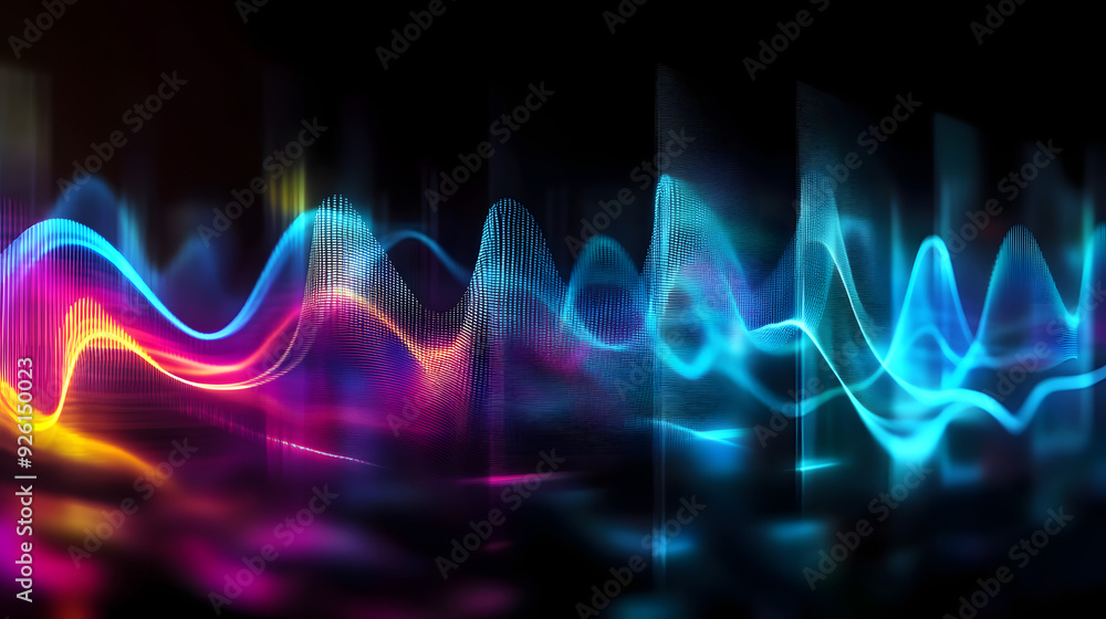 Poster audio soundwave scope signal as an abstract background depicting a sampled music sound wave frequenc