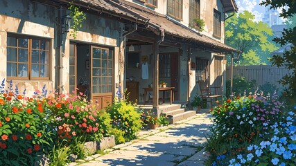 Vibrant Courtyard Canvas: Picturesque Painting of Blooming Flowers and Quaint House with Anime Style