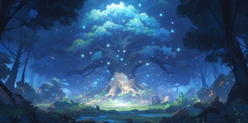 Obraz premium Enchanting Anime-Style Majestic Enigma: A Magical Tree in a Hauntingly Beautiful Forest, Realistic Cartoon Style Scenery Perfect for Gaming Art and Storybook Illustrations in 4K