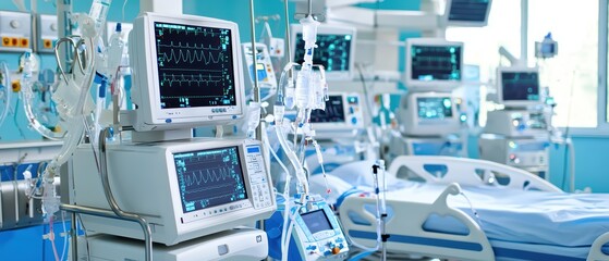 Modern hospital room with advanced medical equipment and monitors, designed for patient care and critical monitoring.