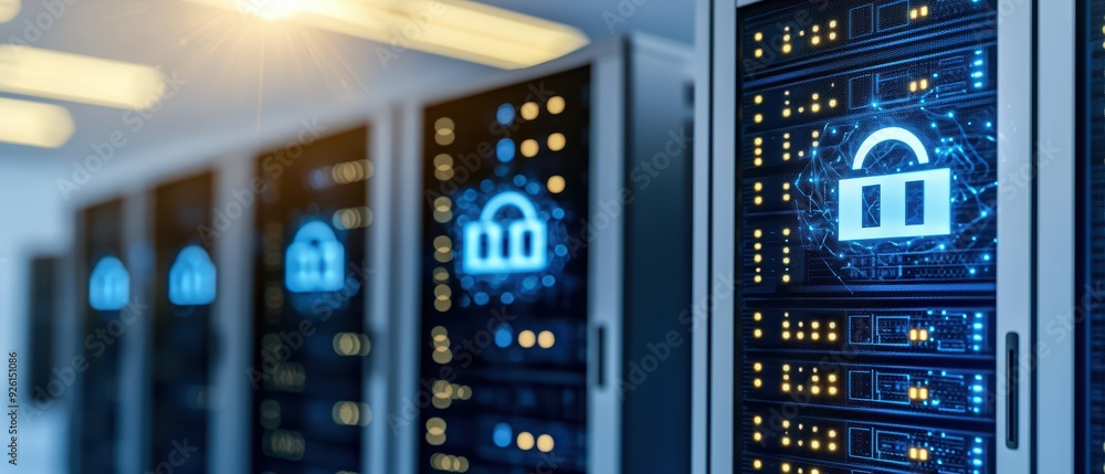 Poster modern server room showcasing secure data storage with digital lock icons, emphasizing cybersecurity