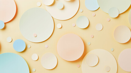 Aesthetic pastel minimalist background with paper circles, dots of different colours. Web banner template. Generative AI