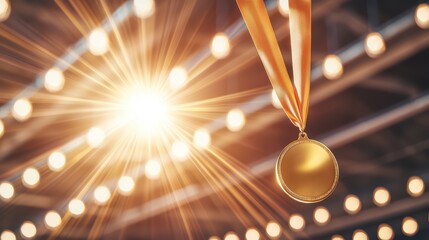 Obraz premium Shining gold medal hanging from an orange ribbon, illuminated by bright lights, symbolizing achievement and victory.
