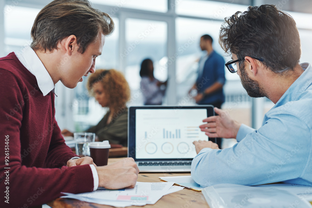 Poster Laptop, people and meeting in office with chart, statistics and profit on sales in company. Computer, team and data on screen for comparison, information or discussion for finance for business growth