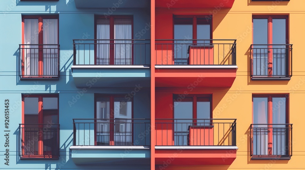 Wall mural A vibrant facade of modern apartments in contrasting colors with balconies.